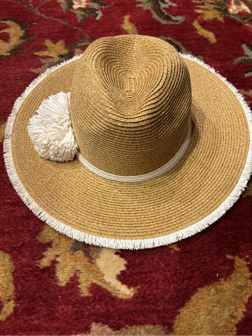Straw Wide Brim Sun Hat with White Pom Pom Trim - Picture 1 of 5